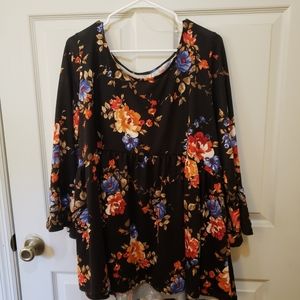 Emerald Plus Size 3x Fall Black Orange Blue Top with 3/4 flared sleeves.